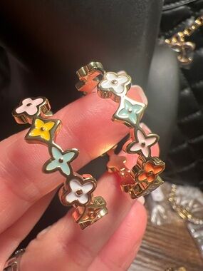 Gold Floral Hoop Earrings with Pastel Enamel Accents